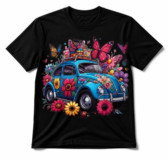 Camiseta negra con estampado de perro y flores de colores